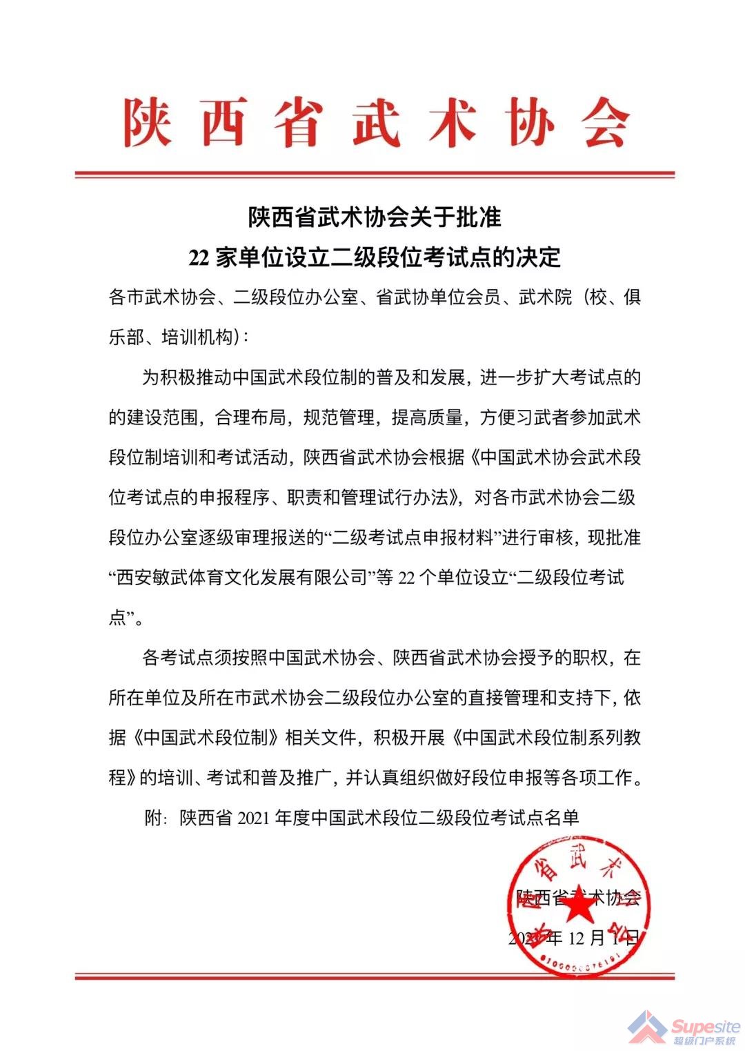 陕西省武术协会关于批准22家单位设立二级段位考试 